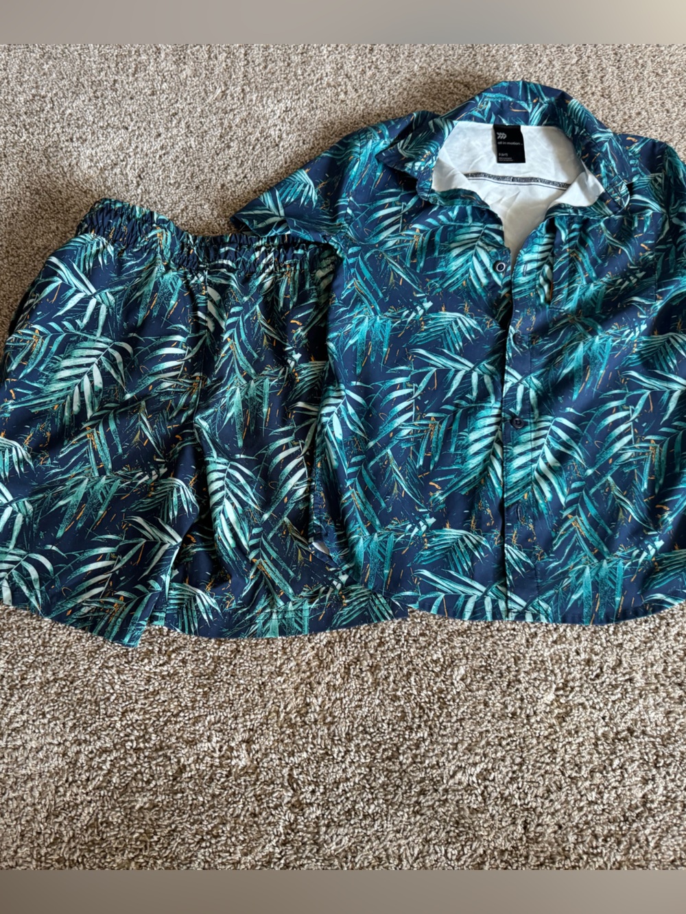 Tropical Leaf Print Boys Two-Piece Summer/vacation shirt and shorts- Navy/Teal